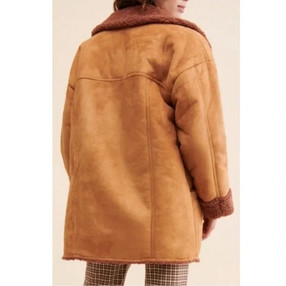 NWT Free People Diogo Oversized Colorblock Faux Sherpa Suede Brown Coat Jacket - Picture 2 of 12